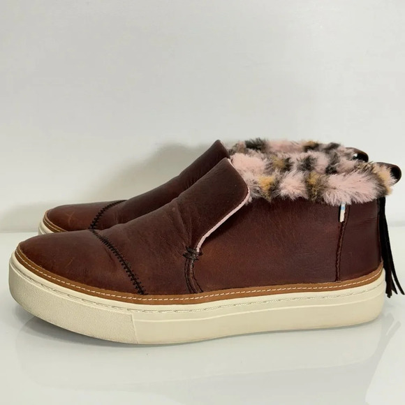 Toms Faux Pink Brown Leo Fur Paxton Brown Leather Slip-Ons Size 7 - Picture 11 of 12